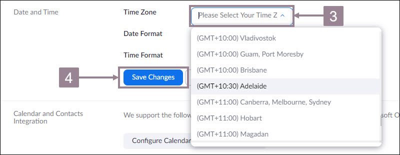 Screenshot showing the date and time section and the drop down options for time zones. 
