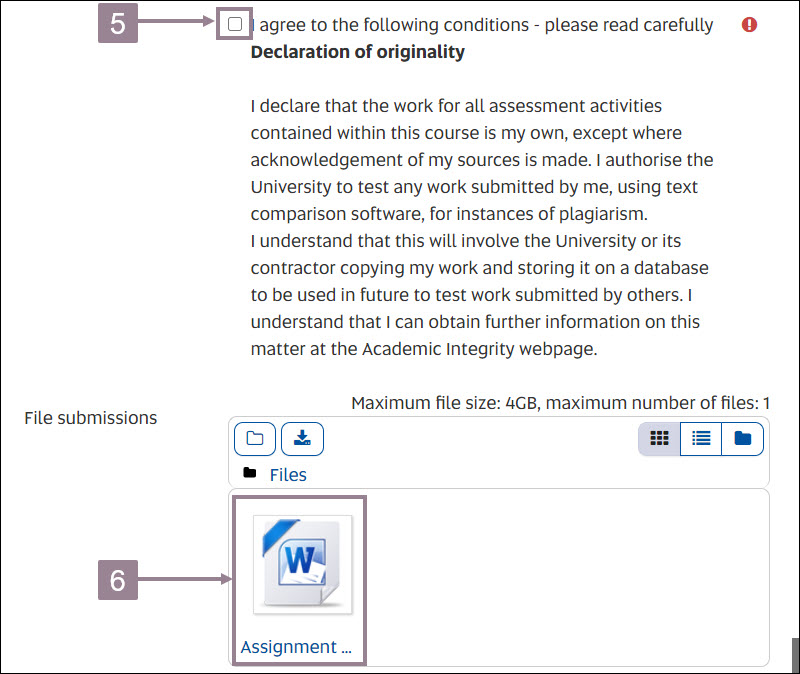 Screenshot showing the declaration of originality and the submitted assignment that will be replaced.
