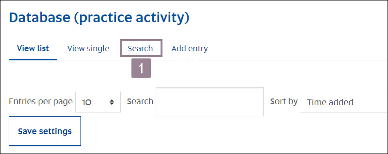 Screenshot showing the search button in the top menu bar of the datbase activity.