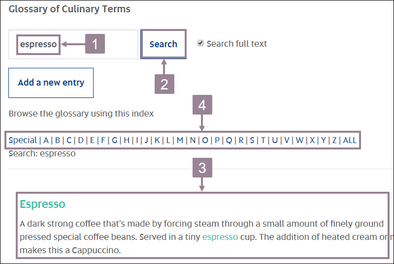 Screenshot of the glossary showing the search bar and corresponding search result