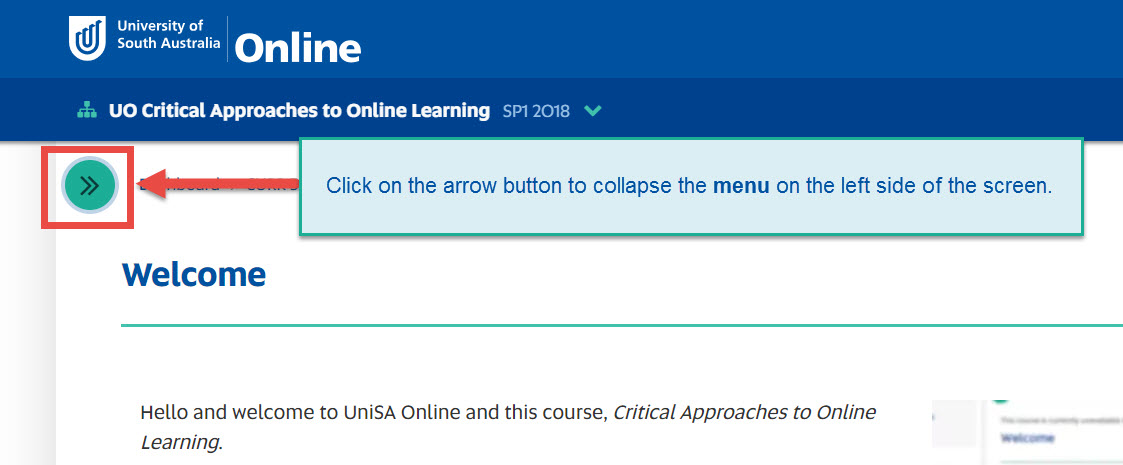 Click on the arrow to show the Course menu on the left side of the screen.